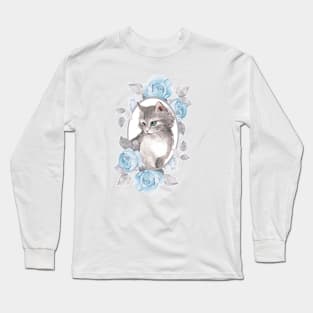 Kitten with blue roses Long Sleeve T-Shirt